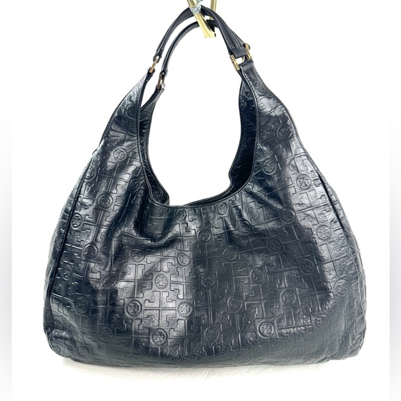 Tory Burch Black Embossed Signature Leather Large Tote Shoulder Bag Brass Logo - Picture 1 of 9